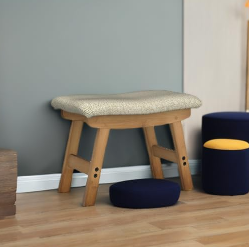 Compact under-desk foot rest stool with fabric cushion and solid wood legs, lightweight footstool for living room, bedroom and kitchen