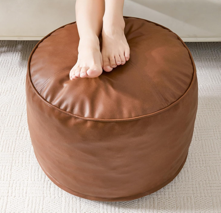 Round PU leather stuffed pouf ottoman filled with foam chunks, soft fluffy storage floor foot stool for living room