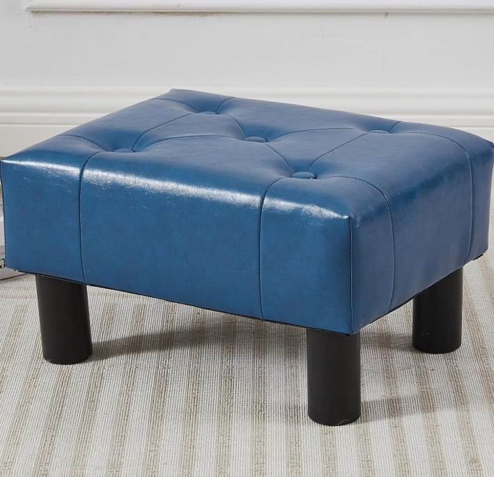 Simple rectangular faux leather padded foot rest stool, lightweight small ottoman for couch, entryway and bedroom